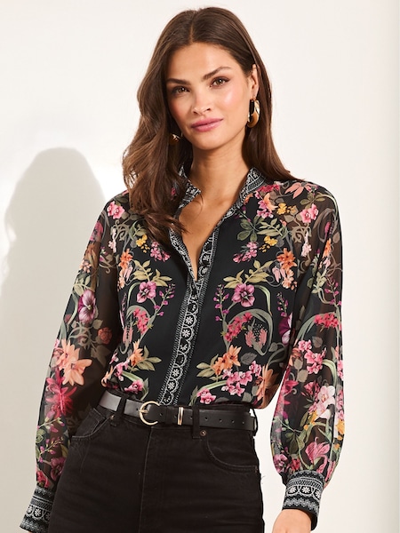 Lipsy Black Long Sleeve Grandad Collar Blouse (E74630) | ₪140