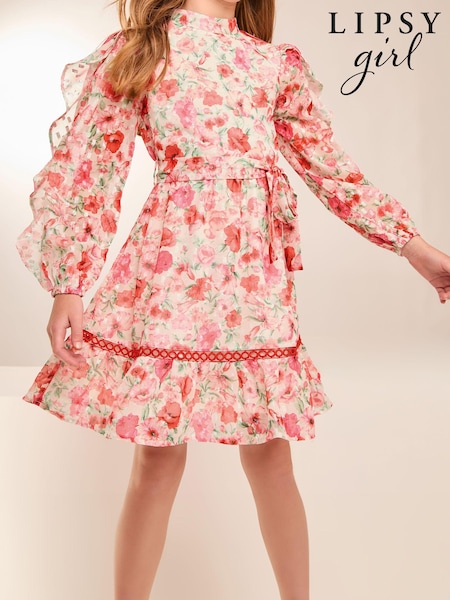 Lipsy Pink Floral Ruffle Sleeve Chiffon Sparkle Dress (5-16yrs) (E74691) | AED140 - AED170