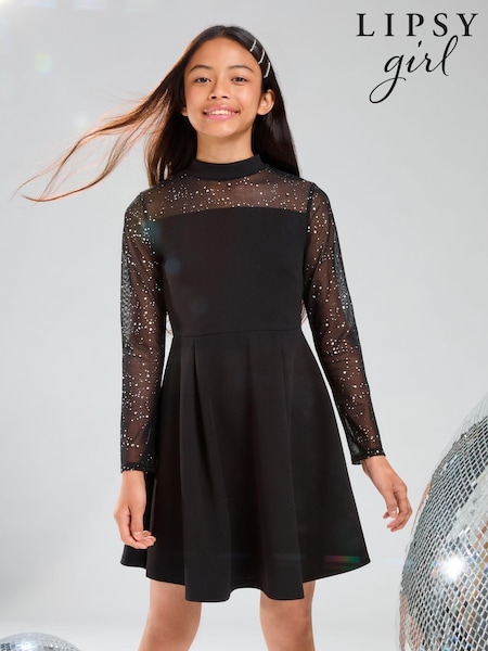 Lipsy Black Glitter Mesh Skater Dress (5-16yrs) (E74702) | €35 - €44