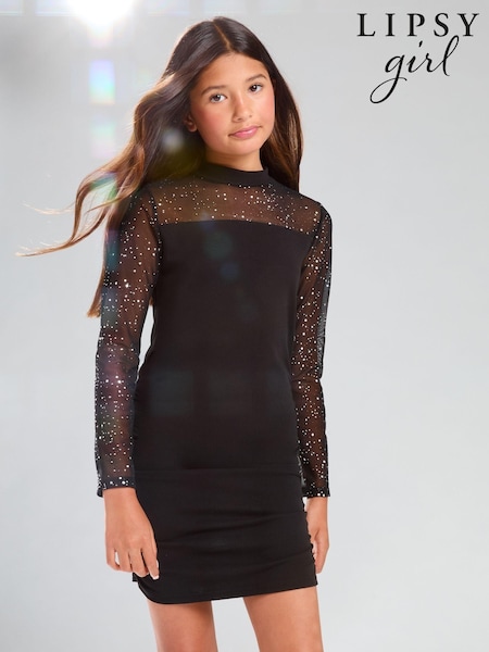 Lipsy Black Teen Glitter Mesh Ruched Dress (9-16yrs) (E74703) | AED94 - AED111