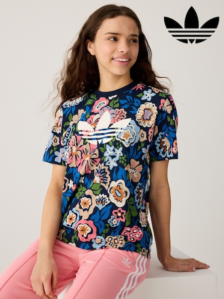 adidas originals Blue White Floral Liberty London 100% Cotton T-shirt (E74838) | AED134