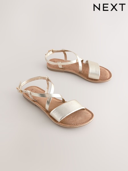 Gold Metallic Leather Strappy Buckle Fastening Sandals (E74930) | €25 - €35