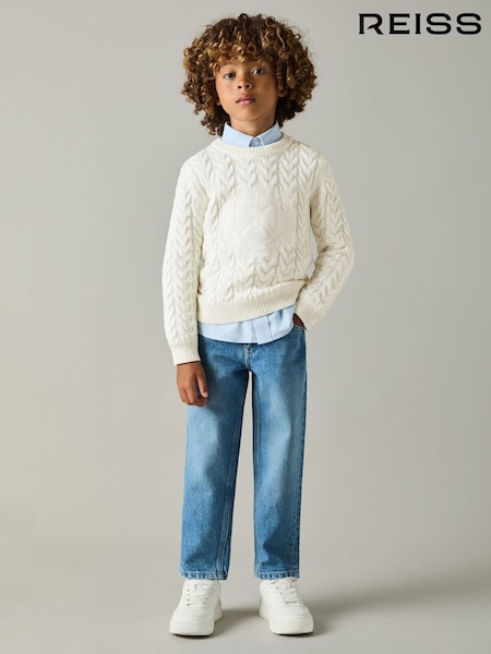 Reiss Off White Victor 3-9 yrs Logo-Embroidered Cabled Jumper with Cotton and Wool (E74987) | $72