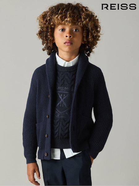 Reiss Navy Victor 9-13 yrs Logo-Embroidered Cabled Jumper with Cotton and Wool (E74988) | $79
