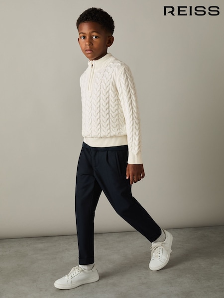 Reiss Off White Tamworth Senior Cabled Knitted Quarter Zip Jumper with Cotton and Wool (E74990) | €64