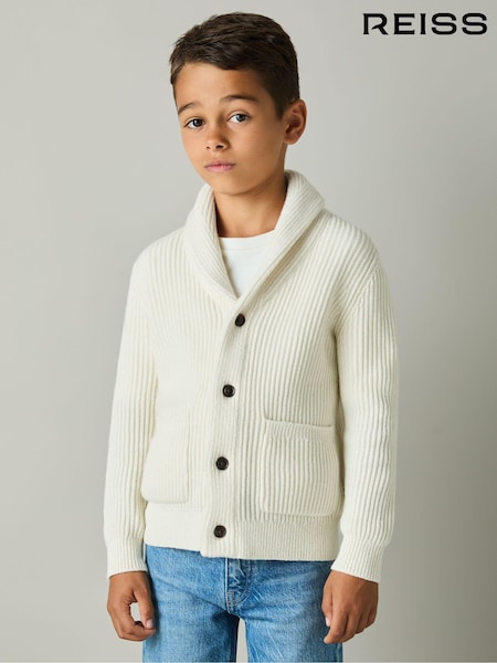 Reiss Off White Nimbus 9-13 yrs Ribbed Shawl Cardigan With Merino Wool (E74992) | AED346