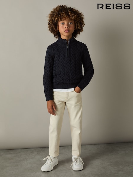 Reiss Navy Tamworth Senior Cabled Knitted Quarter Zip Jumper with Cotton and Wool (E74995) | $76