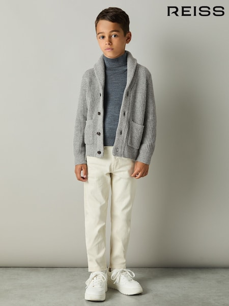 Reiss Grey Melange Nimbus 3-9 yrs Ribbed Shawl Cardigan With Merino Wool (E74996) | AED317