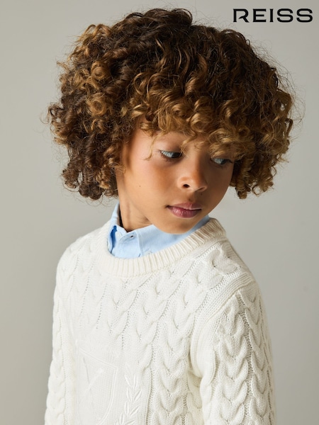 Reiss Off White Victor 9-13 yrs Logo-Embroidered Cabled Jumper with Cotton and Wool (E74997) | €67