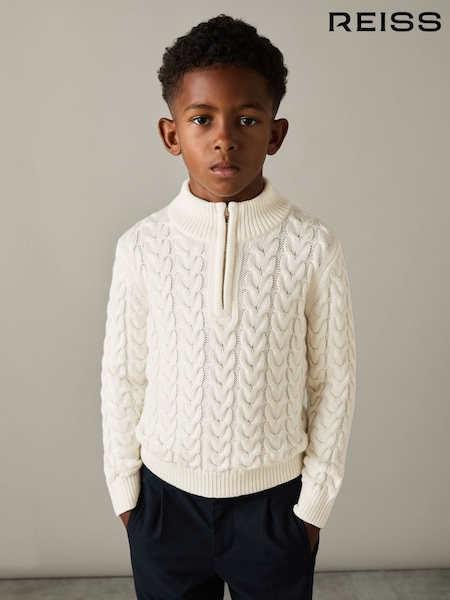 Reiss Off White Tamworth Junior Cabled Knitted Quarter Zip Jumper with Cotton and Wool (E74998) | €58