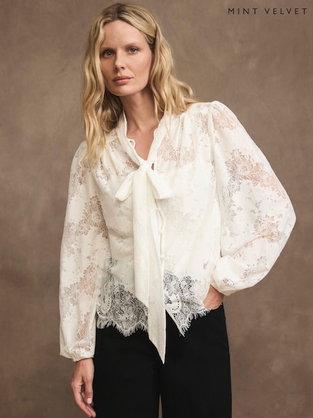 White - Mint Velvet Lace Pussybow Blouse