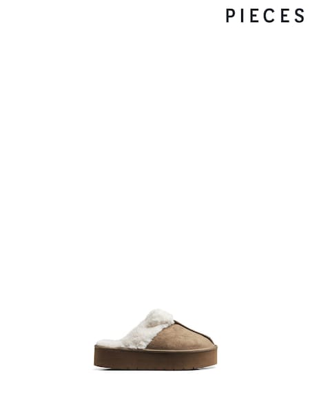 PIECES Brown Faux Suede Fluffy Mule Slippers (E75132) | AED75