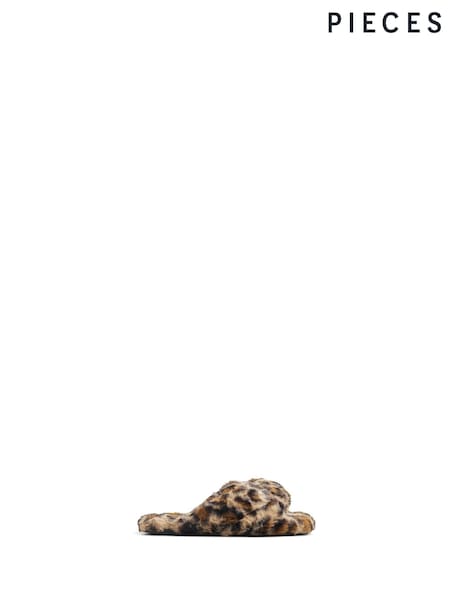 PIECES Black Leopard Fluffy Mule Slippers (E75134) | AED75