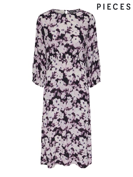 PIECES Purple Floral Long Sleeve Midi Dress (E75136) | €33