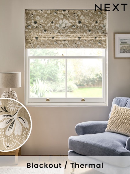 Dark Natural Ready Made Blackout Roman Blind Woodblock Floral Print (E75261) | €66 - €132