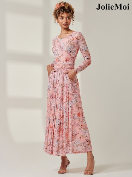 Roz - Jolie Moi Floral Mânecă lungă Mesh Rochie lungă (E75265) | 354 LEI
