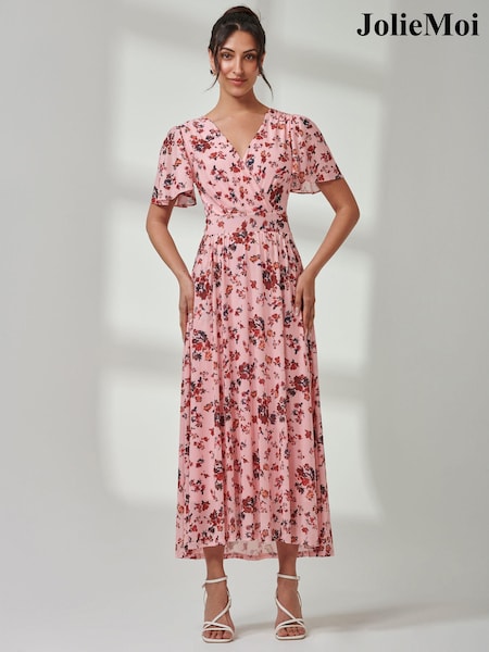 Jolie Moi Pink Gracelyn Wrap Front Mesh Maxi Dress (E75266) | € 123