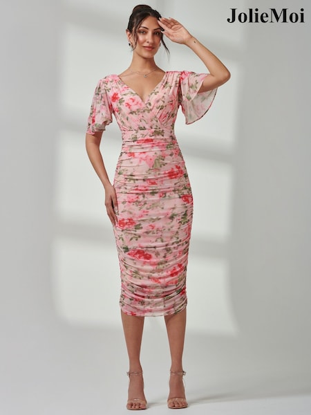 Jolie Moi Pink Wrap Front Mesh Bodycon Dress (E75268) | €46