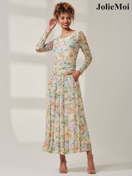 Galben - Jolie Moi Floral Mânecă lungă Mesh Rochie lungă (E75270) | 304 LEI