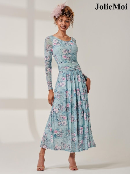 أزرق - Jolie Moi Floral Long Sleeve Mesh Maxi Dress (E75271) | ‏247 د.إ.‏