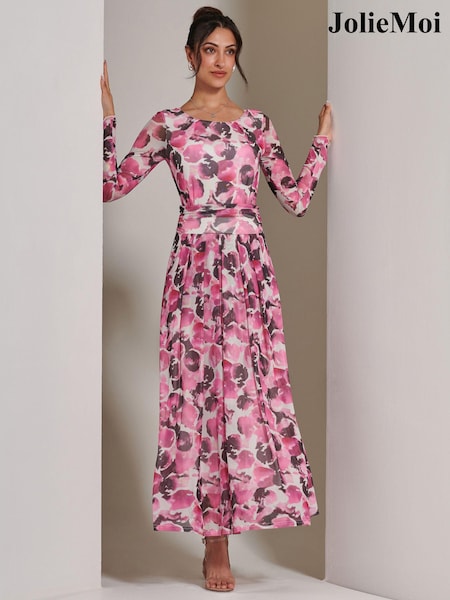 Jolie Moi Pink Long Sleeve Printed Mesh Maxi Dress (E75272) | AED247