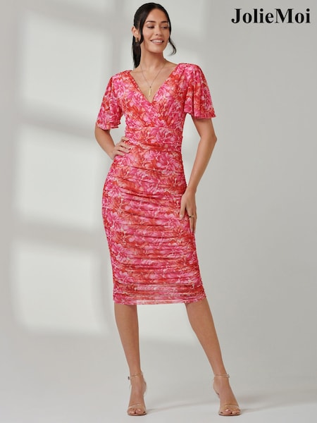 Jolie Moi Dark Pink Wrap Front Mesh Bodycon Dress (E75273) | ₪342