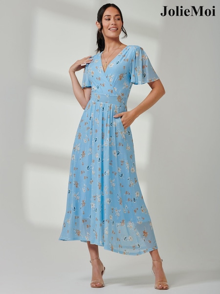 Jolie Moi Blue Gracelyn Wrap Front Mesh Maxi Dress (E75274) | € 123