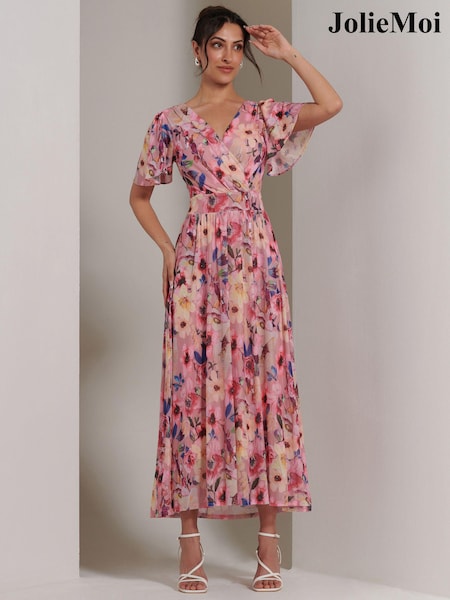 Jolie Moi Pink Evelyn Angel Sleeve Mesh Maxi Dress (E75277) | €54