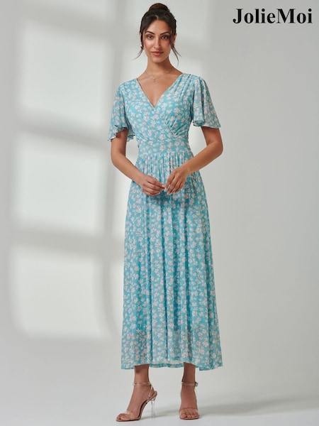 Jolie Moi Blue Evelyn Angel Sleeve Mesh Maxi Dress (E75278) | €54