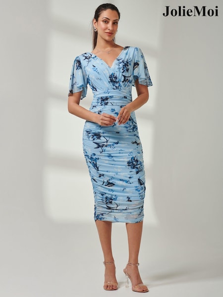 Albastru - Jolie Moi Angel Sleeve Ruched Mesh Midi Rochie (E75279) | 243 LEI