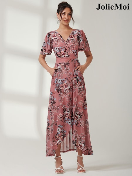 Jolie Moi Pink Printed Mesh Frill Dip Hem Dress (E75281) | 210 QAR