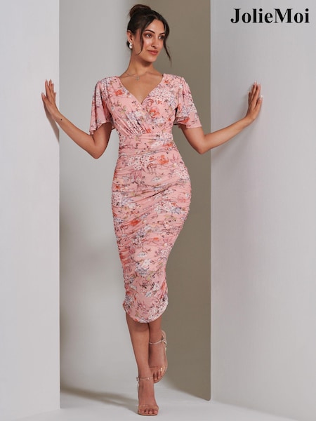 Jolie Moi Dark Pink Angel Sleeve Ruched Mesh Midi Dress (E75282) | €46