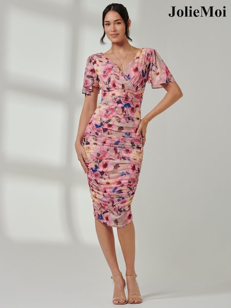 Jolie Moi Aqua/Pink Wrap Front Mesh Bodycon Dress (E75283) | ₪342