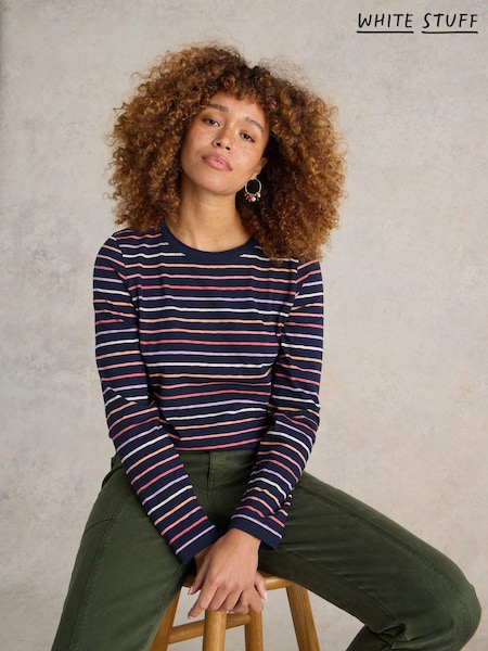 White Stuff Blue 100% Cotton Clara Stripe Long Sleeve T-Shirt (E75404) | 101 QAR