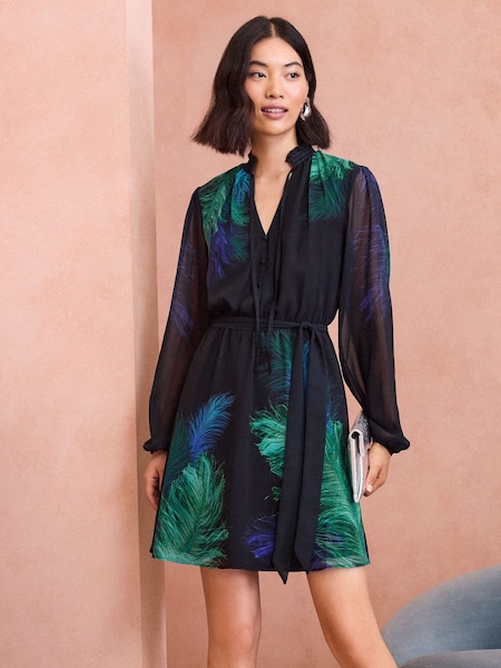 Love & Roses Black Printed Feather Print Notch Neck Sleeved Mini Dress (E75519) | 207 QAR