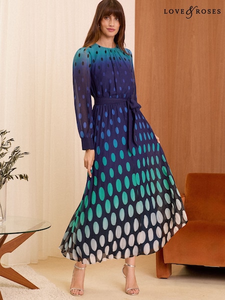 Love & Roses Blue Printed Belted Pleated Long Sleeve Midi Dress (E75520) | €47