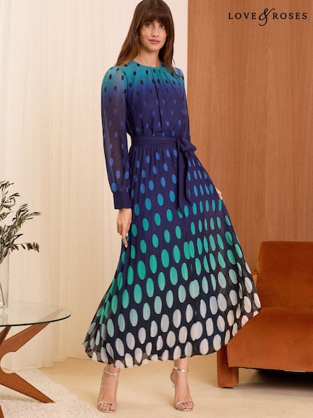 Love & Roses Printed Belted Pleated Long Sleeve Midi Dress (E75521) | 330 LEI