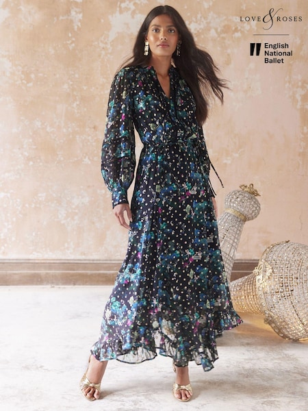 ENB | Love & Roses Printed Metallic Tie Front Midaxi Dress With Long Sleeves (E75526) | 309 LEI