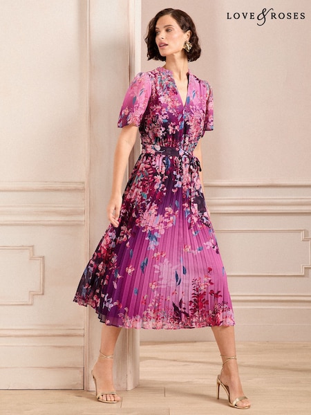 Love & Roses Pink Petite V Neck Pleated Midi Dress (E75530) | 195 QAR