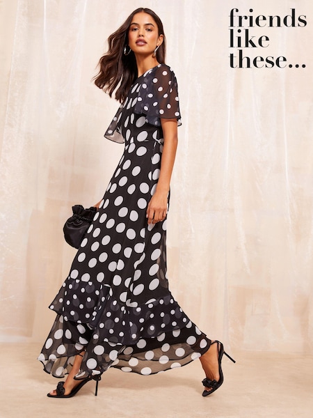 Friends Like These Black/White Short Sleeve Chiffon Tiered Midi Dress (E76003) | €45