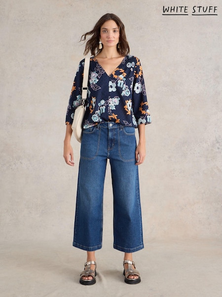 White Stuff Dark Denim Tia Wide Leg Crop Jeans (E76082) | $101