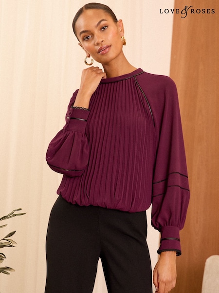 Love & Roses High Neck Pleated Long Sleeve Blouse (E76296) | 165 LEI
