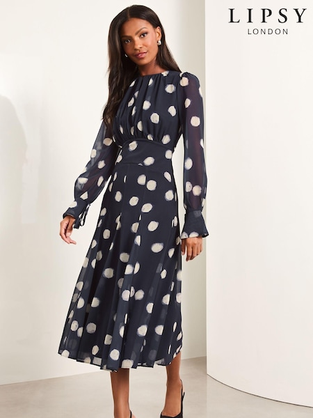 Lipsy Navy Blue Petite Long Sleeve Gathered Waist Polka Dot Midi Dress (E76352) | €49