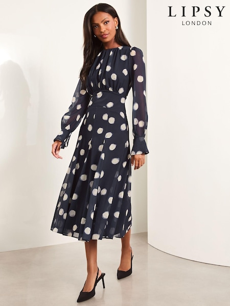 Lipsy Navy Blue Long Sleeve Gathered Waist Polka Dot Midi Dress (E76357) | €58