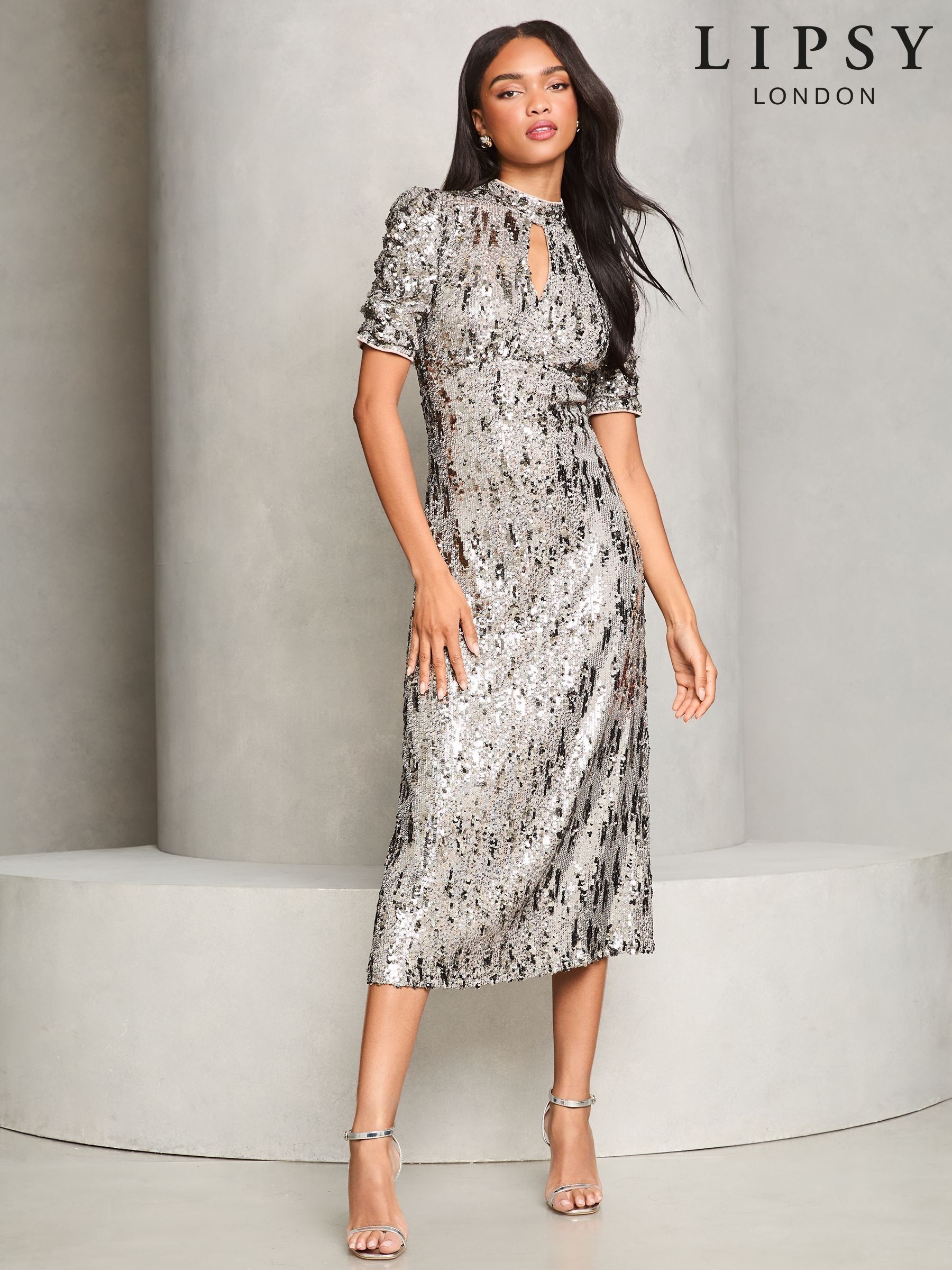 Silver sequin midi dress outlet