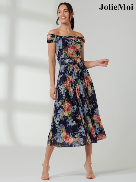 Jolie Moi Blue Bardot Twist Detail Midi Dress (E76420) | €36