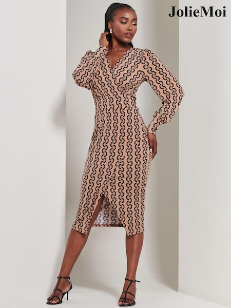 Jolie Moi Black Chrome Print Long Sleeve Jersey Pencil Dress (E76424) | 168 QAR