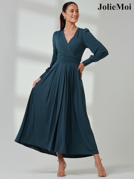 Jolie Moi Green Long  Sleeve Soft Silky Jersey Maxi Dress (E76432) | AED553