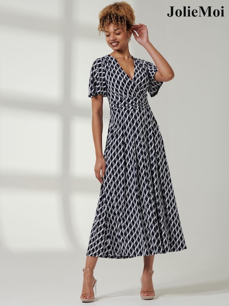 Jolie Moi Blue Print Angel Sleeve Jersey Midaxi Dress (E76434) | €59