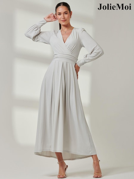 Jolie Moi Grey Long Sleeve Soft Silky Jersey Maxi Dress (E76435) | €37